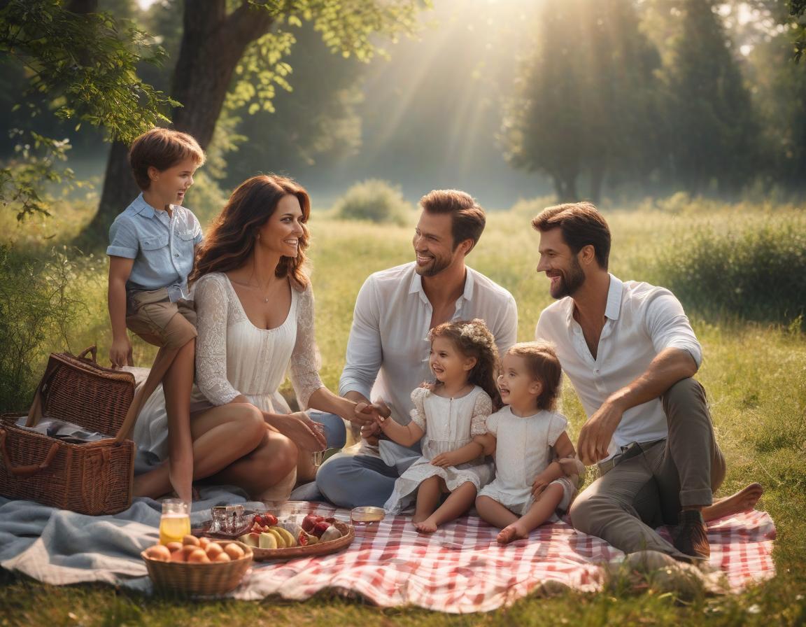  A realistic photo of a happy family of five people: mom, dad, older sister, older brother, and younger brother. The family is on a picnic. hyperrealistic, full body, detailed clothing, highly detailed, cinematic lighting, stunningly beautiful, intricate, sharp focus, f/1. 8, 85mm, (centered image composition), (professionally color graded), ((bright soft diffused light)), volumetric fog, trending on instagram, trending on tumblr, HDR 4K, 8K