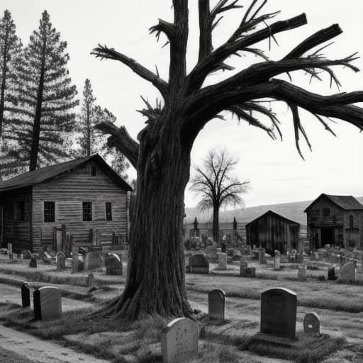  A rustic ghost town style graveyard with a large dead tree in the background.