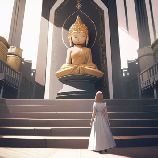  A little girl sincerely bows to Buddha with her hands together in front of the Buddha statue, with a slight smile on her lips. The little girl has long hair and wears plain white clothes all her life. The space is in a very elegant hall. The Buddha statue is very huge. His appearance is very solemn, and his Buddha statues are made of gold. hyperrealistic, full body, detailed clothing, highly detailed, cinematic lighting, stunningly beautiful, intricate, sharp focus, f/1. 8, 85mm, (centered image composition), (professionally color graded), ((bright soft diffused light)), volumetric fog, trending on instagram, trending on tumblr, HDR 4K, 8K