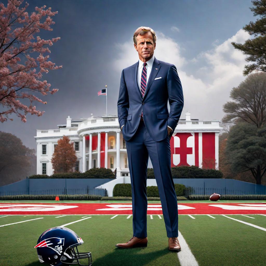  Big head cartoon version of Robert F. Kennedy Jr. standing in front of the White House and a football field, wearing a New England Patriots jersey with the Patriots logo, and holding a football. hyperrealistic, full body, detailed clothing, highly detailed, cinematic lighting, stunningly beautiful, intricate, sharp focus, f/1. 8, 85mm, (centered image composition), (professionally color graded), ((bright soft diffused light)), volumetric fog, trending on instagram, trending on tumblr, HDR 4K, 8K