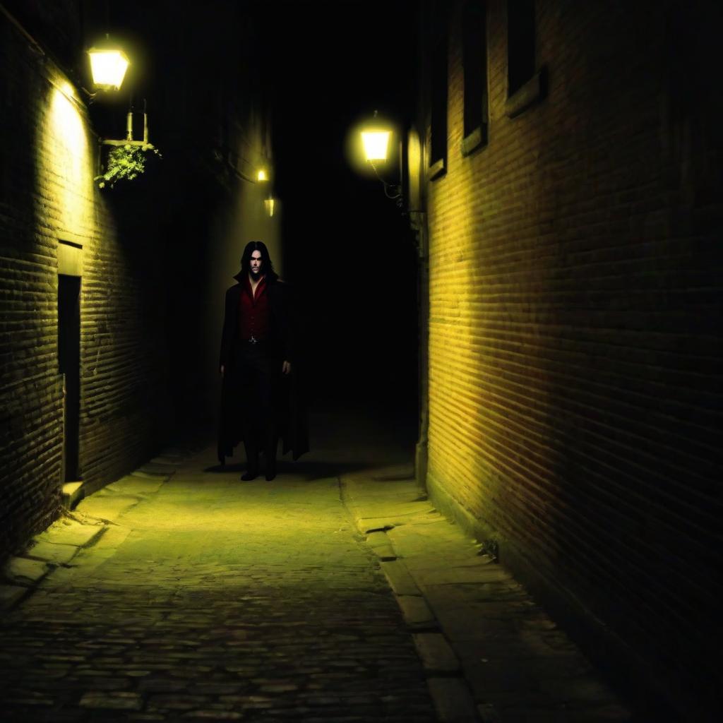  A man vampire in a red cape with long black hair. His silhouette is seen in a dark narrow alley. The vampire smiles, his eyes glow red. Night, very dark, almost impossible to see, a moody atmosphere of shabbiness and mystery. hyperrealistic, full body, detailed clothing, highly detailed, cinematic lighting, stunningly beautiful, intricate, sharp focus, f/1. 8, 85mm, (centered image composition), (professionally color graded), ((bright soft diffused light)), volumetric fog, trending on instagram, trending on tumblr, HDR 4K, 8K