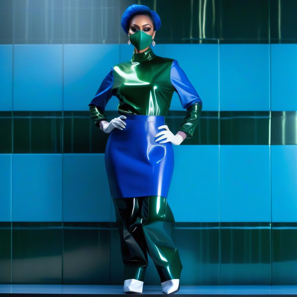  a woman surgeon stands straight with her feet shoulder width apart, showing off the unique gradient effect of her trousers. The upper part of the trousers is made of glossy dark blue latex, which gradually transitions to glossy dark green latex towards the lower, creating an unusual play of colors. The trousers are tucked into high surgical shoe covers in the form of high boots, knee length, with flat soles without heels, hyperrealistic, full body, detailed clothing, highly detailed, cinematic lighting, stunningly beautiful, intricate, sharp focus, f/1. 8, 85mm, (centered image composition), (professionally color graded), ((bright soft diffused light)), volumetric fog, trending on instagram, trending on tumblr, HDR 4K, 8K