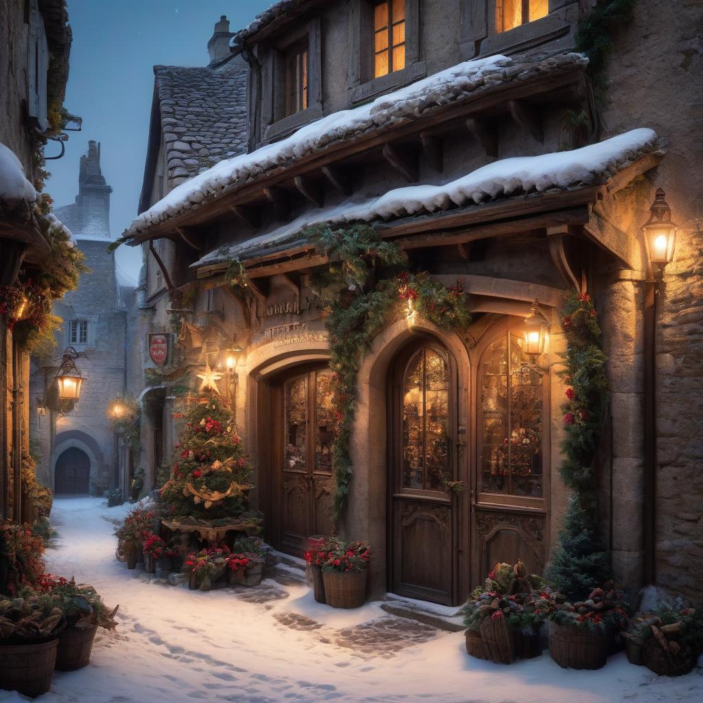  There are no people. A small village in France covered in snow. In the style of Jean Baptiste Monge, old Gothic stone rickety buildings. Christmas Eve. Night, a bright star burns in the sky. Christmas decorations hang on the doors of the buildings, lights glow in the windows. Above one of the doors is a sign that reads "Author's Tavern" in French jazfk." Details. Lots of decorations and small details, detailed look. soft colors, HDR, 4K hyperrealistic, full body, detailed clothing, highly detailed, cinematic lighting, stunningly beautiful, intricate, sharp focus, f/1. 8, 85mm, (centered image composition), (professionally color graded), ((bright soft diffused light)), volumetric fog, trending on instagram, trending on tumblr, HDR 4K, 8K