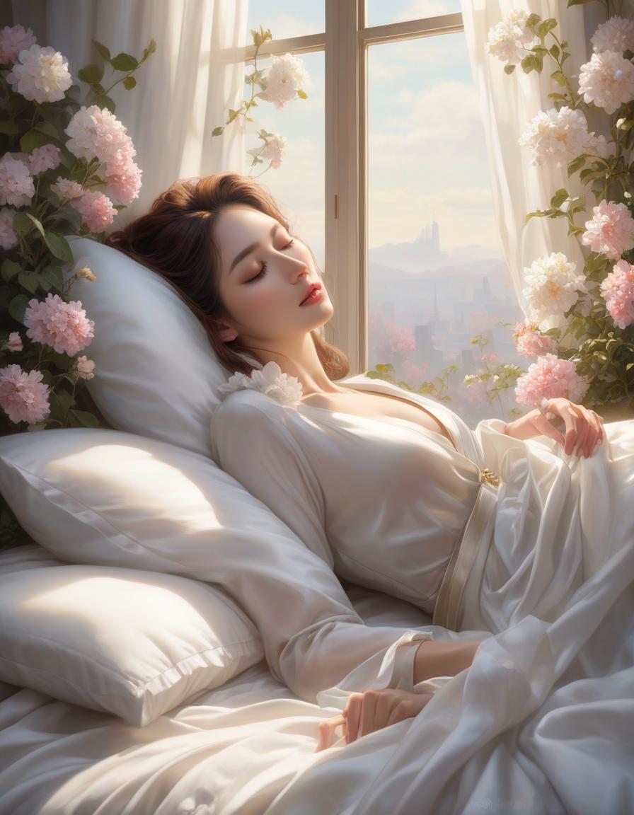  hyperrealistic art A woman is peacefully asleep amid white sheets and blooming flowers, with soft light streaming through a window. a woman laying on top of a bed next to a window, a photorealistic painting, inspired by Magali Villeneuve, trending on Artstation, fantasy art, girl in a bed of flowers, soft pale golden skin, portrait of a woman sleeping, in the early morning, jingna zhang . extremely high resolution details, photographic, realism pushed to extreme, fine texture, incredibly lifelike hyperrealistic, full body, detailed clothing, highly detailed, cinematic lighting, stunningly beautiful, intricate, sharp focus, f/1. 8, 85mm, (centered image composition), (professionally color graded), ((bright soft diffused light)), volumetric fog, trending on instagram, trending on tumblr, HDR 4K, 8K