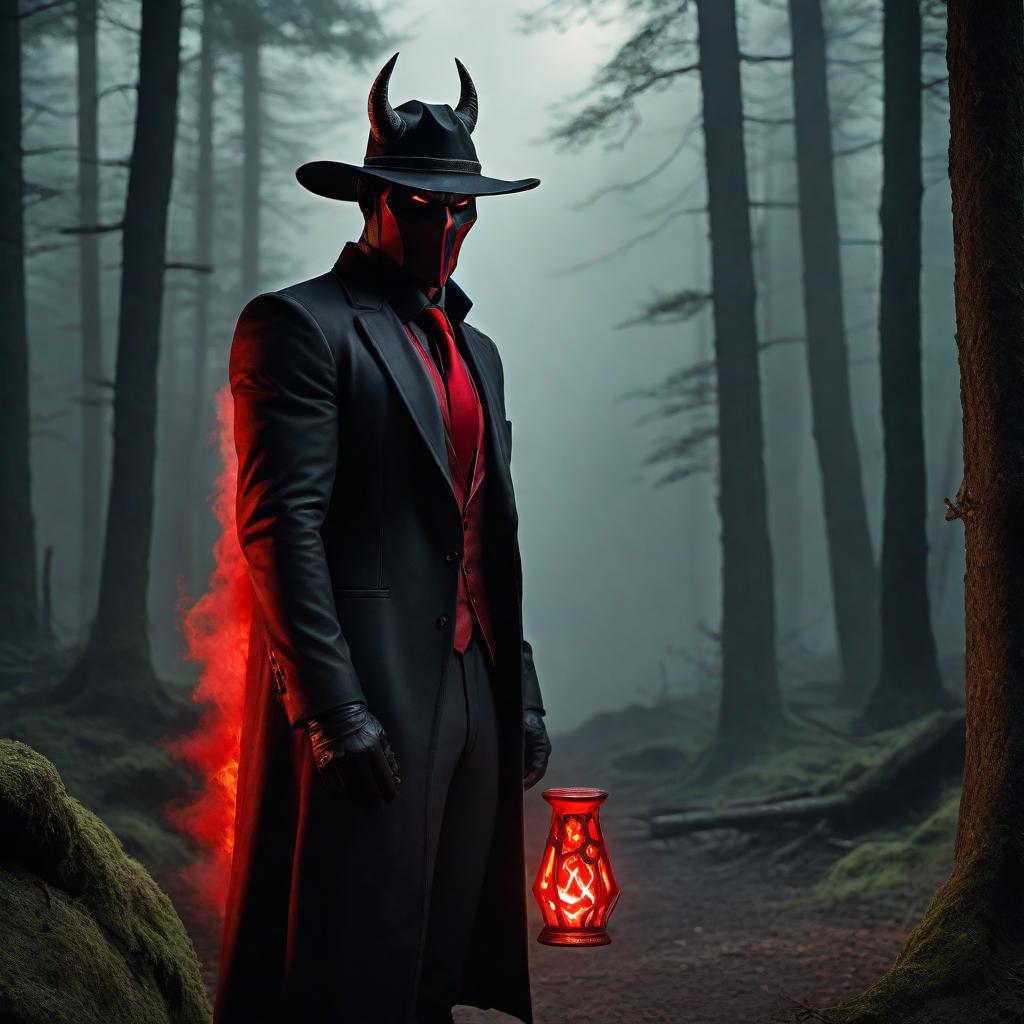  1. The Devil's Confident Look: The devil with a confident and devious expression after setting the first trap. He has sharp features, horns, and wears a traditional black suit with a red tie. The eerie atmosphere of a dark forest or desolate landscape in the background. 2. The Devil Setting the Second Trap: The devil sets a more elaborate, magical trap with glowing runes or an enchanted object. He appears confident and devious. The background reflects a mystical or eerie atmosphere. 3. The Drifter Approaching the Second Trap: The drifter cautiously approaches the second trap set by the devil. The drifter is in worn-out clothing, a long coat, and a hat, looking alert and suspicious. The same mystical or eerie atmosphere continues. 4. The Dri hyperrealistic, full body, detailed clothing, highly detailed, cinematic lighting, stunningly beautiful, intricate, sharp focus, f/1. 8, 85mm, (centered image composition), (professionally color graded), ((bright soft diffused light)), volumetric fog, trending on instagram, trending on tumblr, HDR 4K, 8K