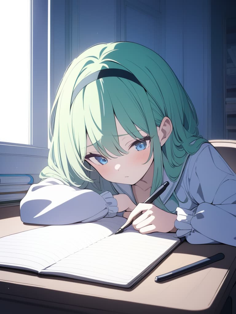  ((gles,eye wear,studying,hairband)),worried expression,exam candidate,green hair,blue eyes,chin resting on hand,pajamas,cute,beautiful girl,beautiful,desk,studying at desk,((studying,studying,high quality,notebook,holding writing utensil,right handed))、ultra detailed,best shadow,cute and beautiful face,(masterpiece:1.2),(best quality:1.2),detailed background,high contrast,(best illumination,an extremely delicate and beautiful),((cinematic light)),hyper detail,dramatic light,intricate details,8k,anime,very aesthetic, masterpiece, best quality,8k,ultra detailed,high resolution,an extremely delicate and beautiful,hyper detail