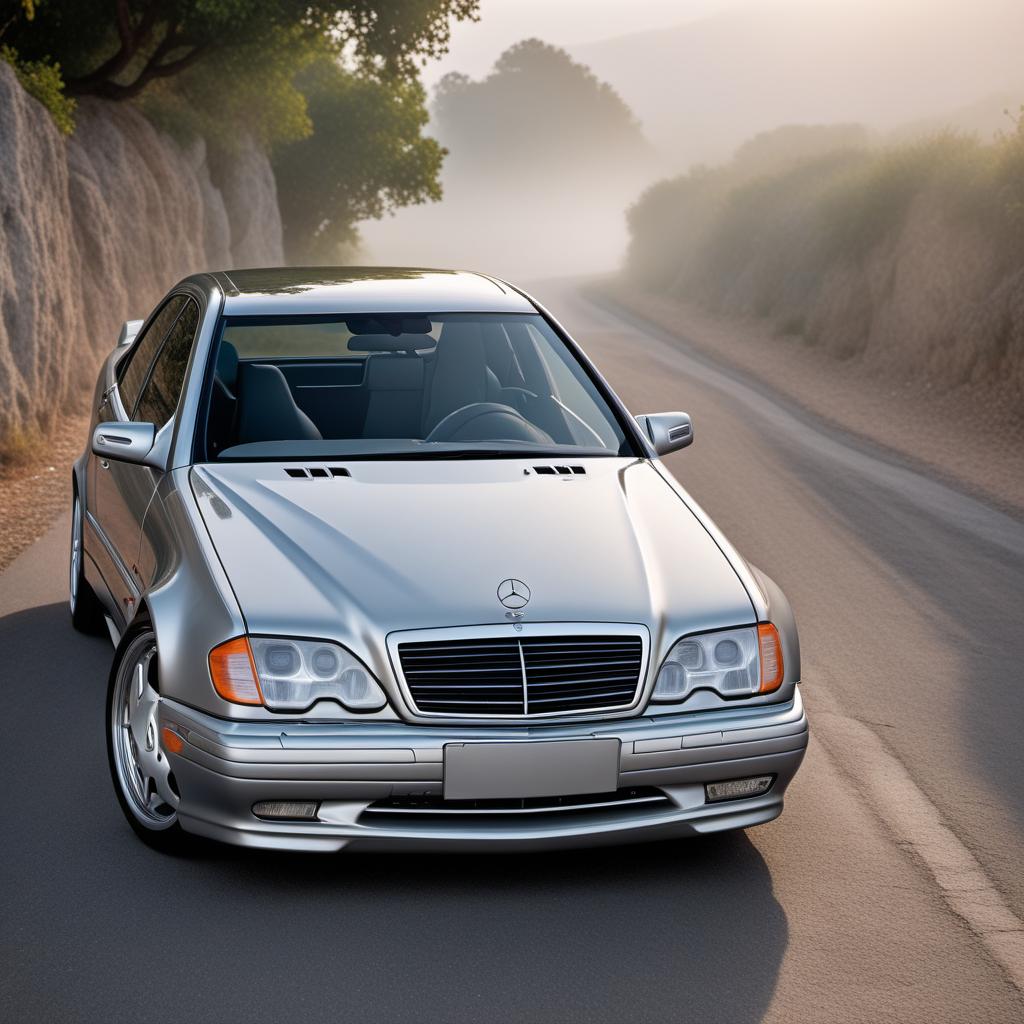  1997 Mercedes AMG C36 in silver color, parked on a road. The distinctive AMG sporty design elements should include a slightly aggressive front grille, alloy wheels, and classic 90's sedan body lines. The background should be simple and unobtrusive to keep the focus on the car. hyperrealistic, full body, detailed clothing, highly detailed, cinematic lighting, stunningly beautiful, intricate, sharp focus, f/1. 8, 85mm, (centered image composition), (professionally color graded), ((bright soft diffused light)), volumetric fog, trending on instagram, trending on tumblr, HDR 4K, 8K