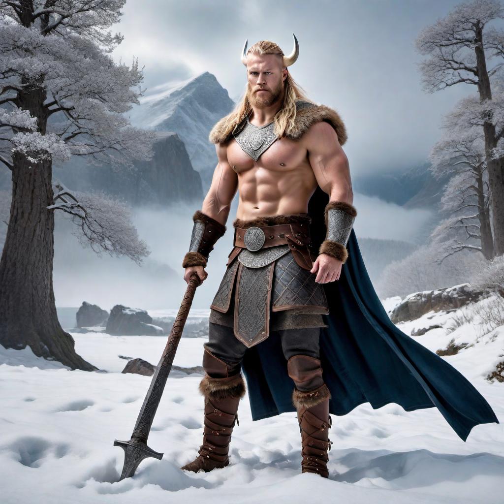  An image of a Viking warrior who is 6’3” tall, weighs 225 pounds, has long blonde hair, and is muscular. The warrior should exude strength and courage, wearing traditional Viking armor and holding a battle axe. The background should be a rugged Nordic landscape with snow-capped mountains. hyperrealistic, full body, detailed clothing, highly detailed, cinematic lighting, stunningly beautiful, intricate, sharp focus, f/1. 8, 85mm, (centered image composition), (professionally color graded), ((bright soft diffused light)), volumetric fog, trending on instagram, trending on tumblr, HDR 4K, 8K