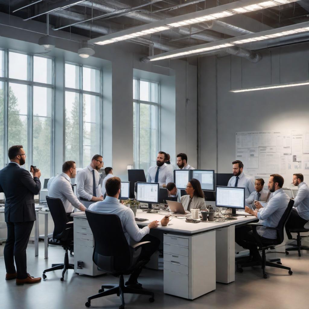  An office environment during a power outage with emergency lights. Employees gathered in various groups, some looking at their mobile devices while others are engaged in discussions and brainstorming sessions with whiteboards and paper. The IT team is seen working on servers and checking equipment with flashlights. The Facilities Management team is inspecting electrical panels. The atmosphere is a mix of seriousness and collaboration, with natural light coming through the windows illuminating parts of the area. In the background, there's a group of people discussing emergency procedures in a well-lit common area. hyperrealistic, full body, detailed clothing, highly detailed, cinematic lighting, stunningly beautiful, intricate, sharp focus, f/1. 8, 85mm, (centered image composition), (professionally color graded), ((bright soft diffused light)), volumetric fog, trending on instagram, trending on tumblr, HDR 4K, 8K