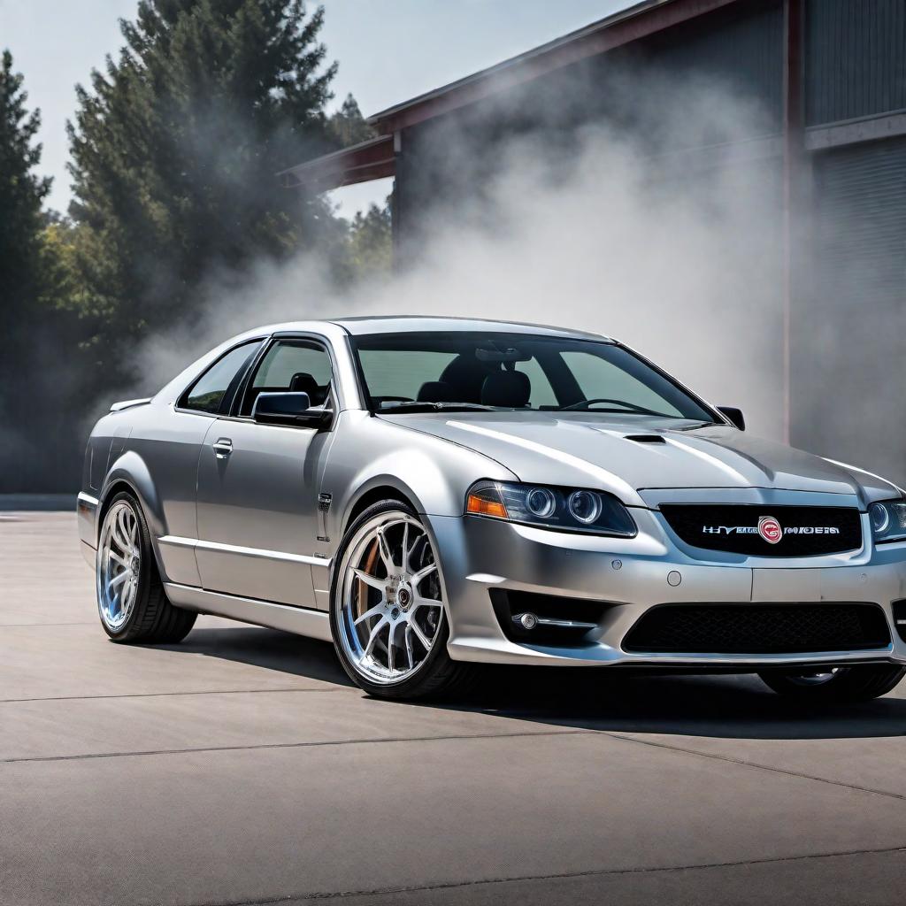  A silver Mercury Marauder with Brembo brakes. The car should have a muscular and aggressive appearance, showcasing the upgraded Brembo brake system with large calipers. The scene should be set in a modern garage or workshop, emphasizing the sleek, powerful, and modified nature of the car. Include high-performance modifications like a supercharger, high-flow exhaust system, and sporty suspension components. hyperrealistic, full body, detailed clothing, highly detailed, cinematic lighting, stunningly beautiful, intricate, sharp focus, f/1. 8, 85mm, (centered image composition), (professionally color graded), ((bright soft diffused light)), volumetric fog, trending on instagram, trending on tumblr, HDR 4K, 8K