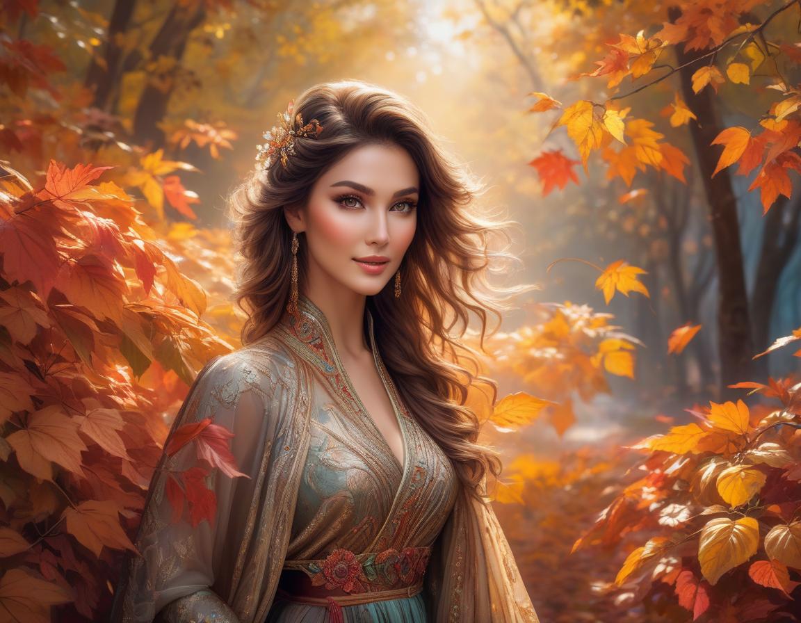  A stunning woman with mesmerizing brown eyes and a shy, yet lovely smile stands amidst a whirlwind of colorful leaves, her beauty rivaling that of nature itself., face by Bagshaw, Atroshenko, hyperrealistic, full body, detailed clothing, highly detailed, cinematic lighting, stunningly beautiful, intricate, sharp focus, f/1. 8, 85mm, (centered image composition), (professionally color graded), ((bright soft diffused light)), volumetric fog, trending on instagram, trending on tumblr, HDR 4K, 8K