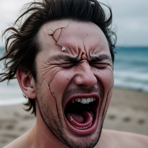  a man screaming on the beach and hold a broken glass cup