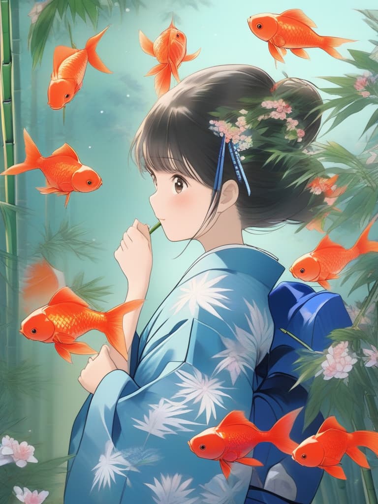  Masterpiece,in blue yukata: goldfish pattern,bellflower hair ornament,bamboo leaves,Tanabata Festival,holding bookmark🔖 in hand,wishing,praying,bamboo leaves in background,high quality,super high resolution,super analysis,super detailed,16K, masterpiece, best quality,8k,ultra detailed,high resolution,an extremely delicate and beautiful,hyper detail