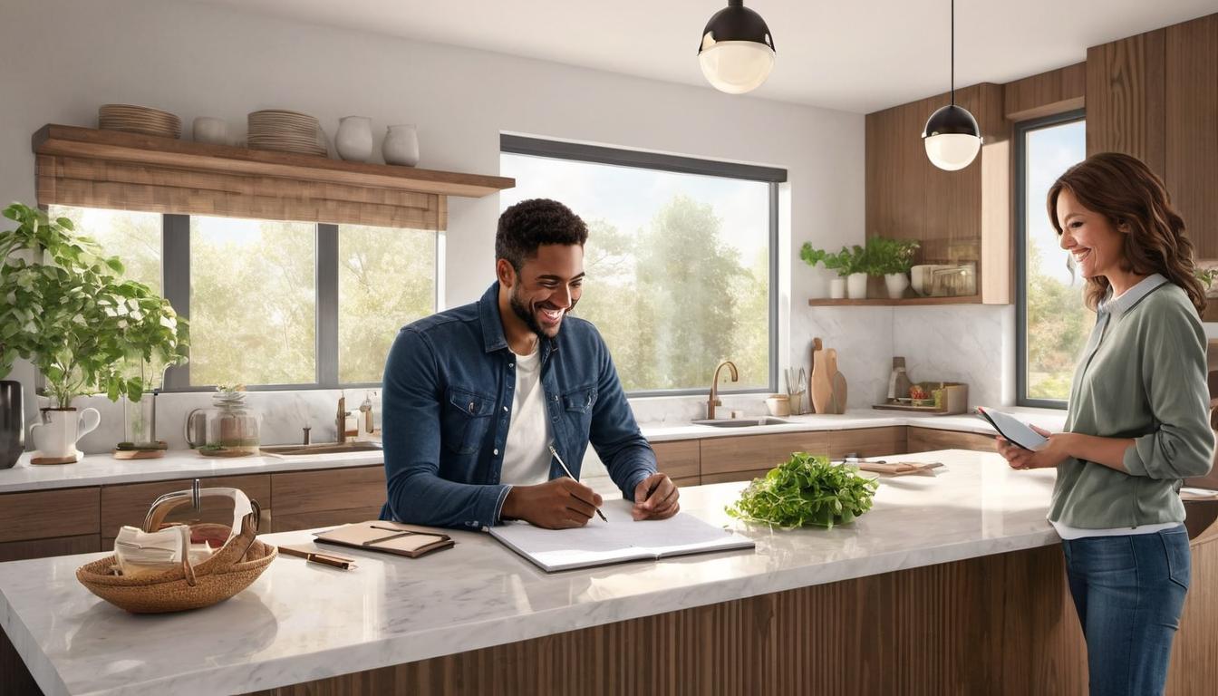  digital illustration, 1man, making plans on a notepad, 1woman looking over his shoulder, both engaged and smiling, kitchen setting with morning light streaming through the window, casual morning attire, sense of inclusion and consideration, looking at viewer, dynamic pose, (intricate details, masterpiece, best quality)