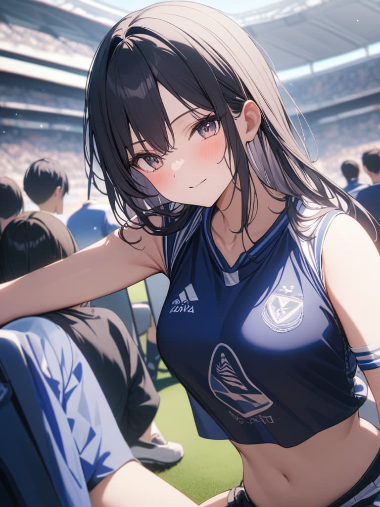  Navy Blue Avispa Fukuoka Soccer Uniform Black Hair Beautiful Girl, A Woman Sitting in A Stadium Holding Up, Peace Sign, masterpiece, best quality,8k,ultra detailed,high resolution,an extremely delicate and beautiful,hyper detail