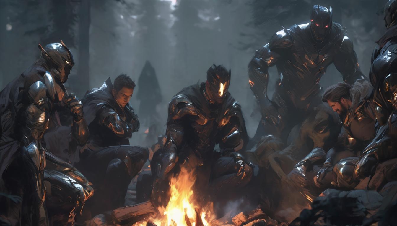  hyperrealism,fantasy aestheticA group gathered around a campfire, shadows dancing on their faces as they share stories, camaraderie, reflection, warmth., high tech clothing clad in sleek, futuristic costume with metallic accents and form fitting designs, marvel superhero comics style, unreal engine rendering