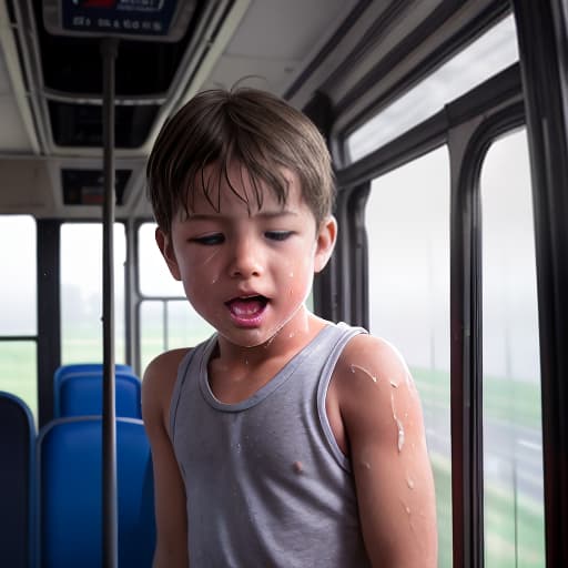  a very sweaty very young boy, caught on a public bus, is discovered by the viewer. The young 's face is rendered in exquisite detail, a look of and arousal as he realizes he's been caught the boy on the bus seat lets out a stream of warm, viscous liquid shooting out from his huge engorged erect tip coating his and splattering onto the floor of the bus, the pinnacle of his is his sweaty features, high-angle shot, dramatic angle, extreme angle shot, photo-realistic, volumetric fog, 85mm lens, HDR, cinematic