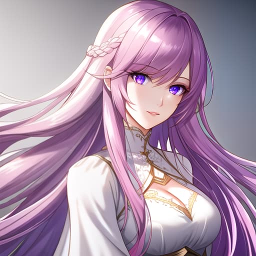  a girl manhua character with purple hair and light pink eyes with white skin wearing noble dress hyperrealistic, full body, detailed clothing, highly detailed, cinematic lighting, stunningly beautiful, intricate, sharp focus, f/1. 8, 85mm, (centered image composition), (professionally color graded), ((bright soft diffused light)), volumetric fog, trending on instagram, trending on tumblr, HDR 4K, 8K