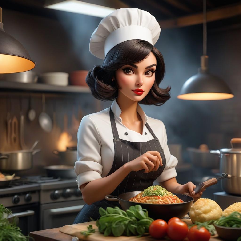  A girl chef with a chapeau turn up, dark hair, a bob haircut, cooks. hyperrealistic, full body, detailed clothing, highly detailed, cinematic lighting, stunningly beautiful, intricate, sharp focus, f/1. 8, 85mm, (centered image composition), (professionally color graded), ((bright soft diffused light)), volumetric fog, trending on instagram, trending on tumblr, HDR 4K, 8K