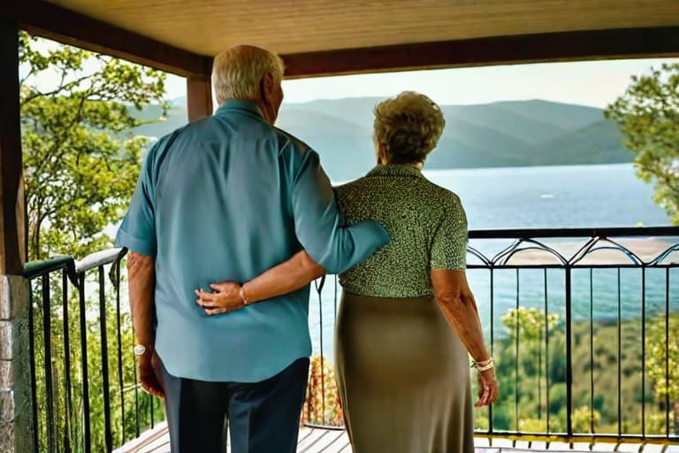  "Closeup of a serene elderly couple sitting on a cozy porch, overlooking a picturesque lake surrounded by lush greenery and mountains in the background. The couple is smiling, holding hands, and enjoying a peaceful moment. The lighting is warm and golden, evoking a sense of tranquility and contentment. The background is slightly blurred to keep the focus on the couple, but still detailed enough to showcase the natural beauty of the location. The image is highly realistic, with rich textures and vibrant colors, capturing the essence of an ideal retirement setting. Style: photorealistic, high quality, warm mood."Ensure no face,leg,hand or eye defomities.Ensure all images are clear, detailed, contains no text and no deformities. realistic, hig hyperrealistic, full body, detailed clothing, highly detailed, cinematic lighting, stunningly beautiful, intricate, sharp focus, f/1. 8, 85mm, (centered image composition), (professionally color graded), ((bright soft diffused light)), volumetric fog, trending on instagram, trending on tumblr, HDR 4K, 8K