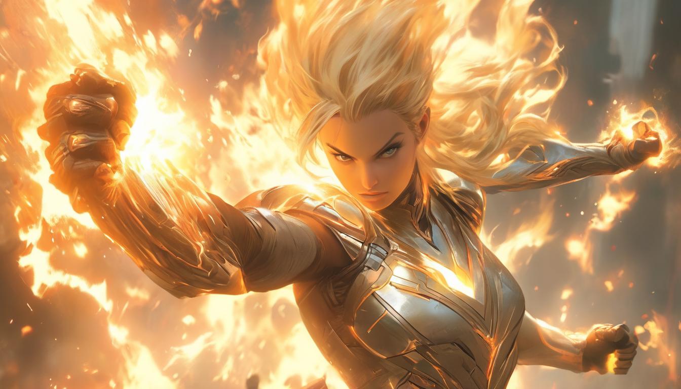  hyperrealism,fantasy aesthetic1woman, large busted attractive blonde arian female humanoid, holding a blazing torch, sparks flying, strong determined look, high tech clothing clad in sleek, futuristic costume with metallic accents and form fitting designs, marvel superhero comics style, unreal engine rendering