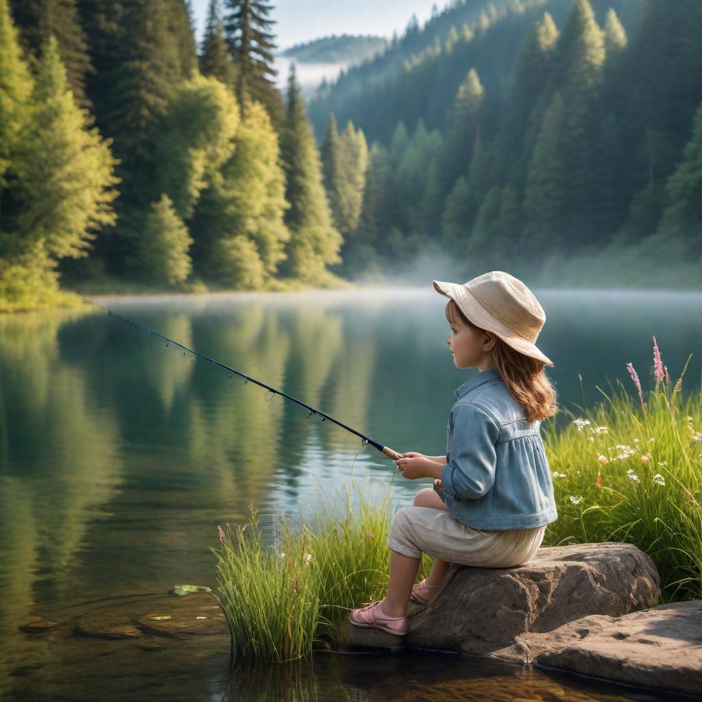  Draw a picture of a little girl fishing on the side of a lake, enjoying a peaceful and serene moment in nature. The scene should capture the essence of childhood joy and the tranquility of the outdoors. hyperrealistic, full body, detailed clothing, highly detailed, cinematic lighting, stunningly beautiful, intricate, sharp focus, f/1. 8, 85mm, (centered image composition), (professionally color graded), ((bright soft diffused light)), volumetric fog, trending on instagram, trending on tumblr, HDR 4K, 8K