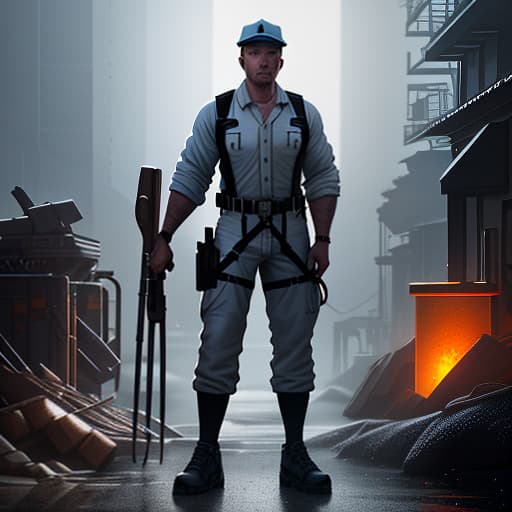  Icon for a website with an image of a worker and tools. hyperrealistic, full body, detailed clothing, highly detailed, cinematic lighting, stunningly beautiful, intricate, sharp focus, f/1. 8, 85mm, (centered image composition), (professionally color graded), ((bright soft diffused light)), volumetric fog, trending on instagram, trending on tumblr, HDR 4K, 8K