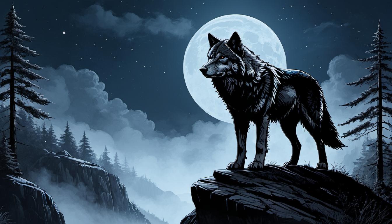  （surrealism)A lone wolf standing on a cliff, with a powerful and composed stance, fur detailed with fine lines, background of a moonlit forest, illuminated, rugged, majestic, strength mystic, intricate details, best quality)