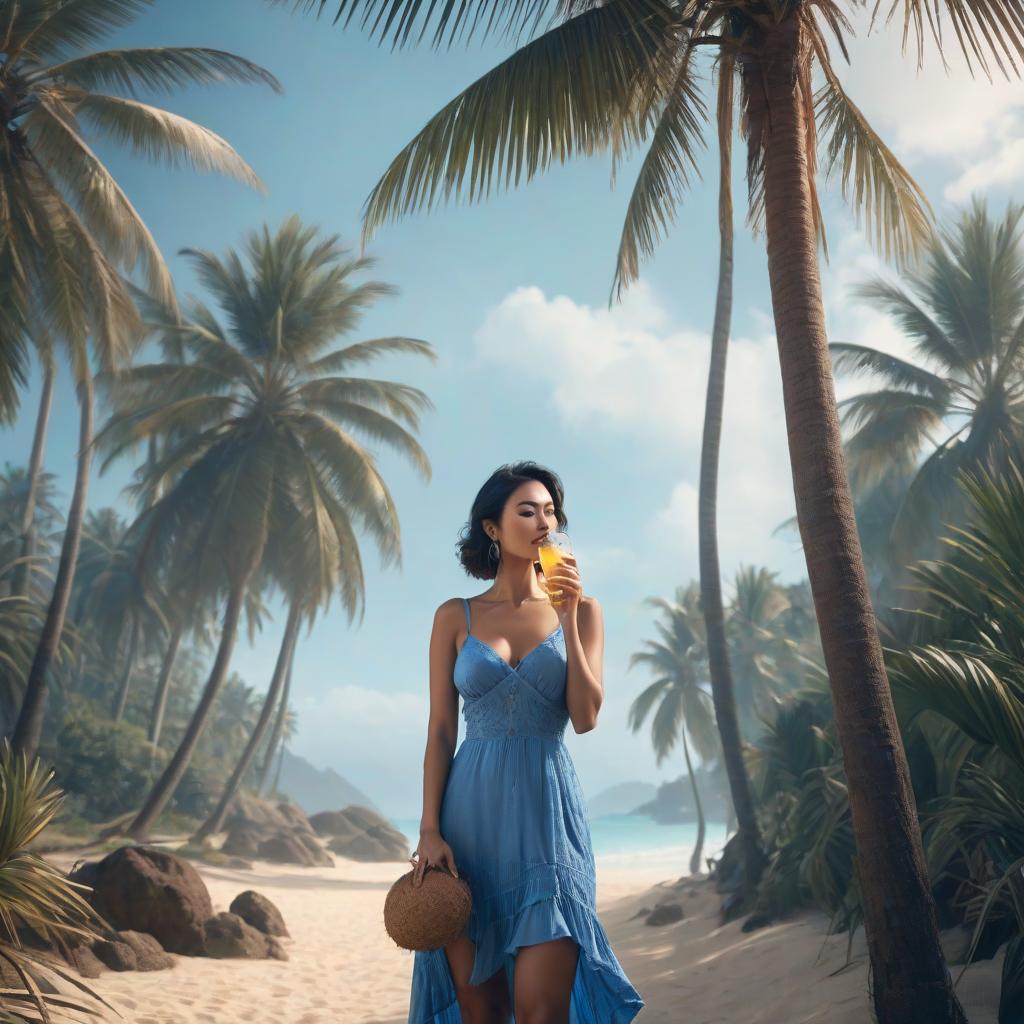  a woman stands tall in a blue sundress, leans against a palm tree and drinks from coconut hyperrealistic, full body, detailed clothing, highly detailed, cinematic lighting, stunningly beautiful, intricate, sharp focus, f/1. 8, 85mm, (centered image composition), (professionally color graded), ((bright soft diffused light)), volumetric fog, trending on instagram, trending on tumblr, HDR 4K, 8K