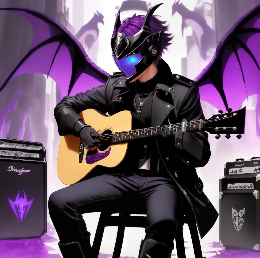  A 17-year old male draconic superhero with short purple hair, blue eyes, and sunglasses wearing a black trench coat with body armor, a dragon helmet covering his head, armored, a glowing purple halo above his head, gloves an earpiece, purple dragon wings on his back, black pants with a belt and knee guards, and black boots playing an acoustic guitar sitting down in a stool in front of a purple poison liquid background., ((best quality)), ((masterpiece)), highly detailed, absurdres, HDR 4K, 8K