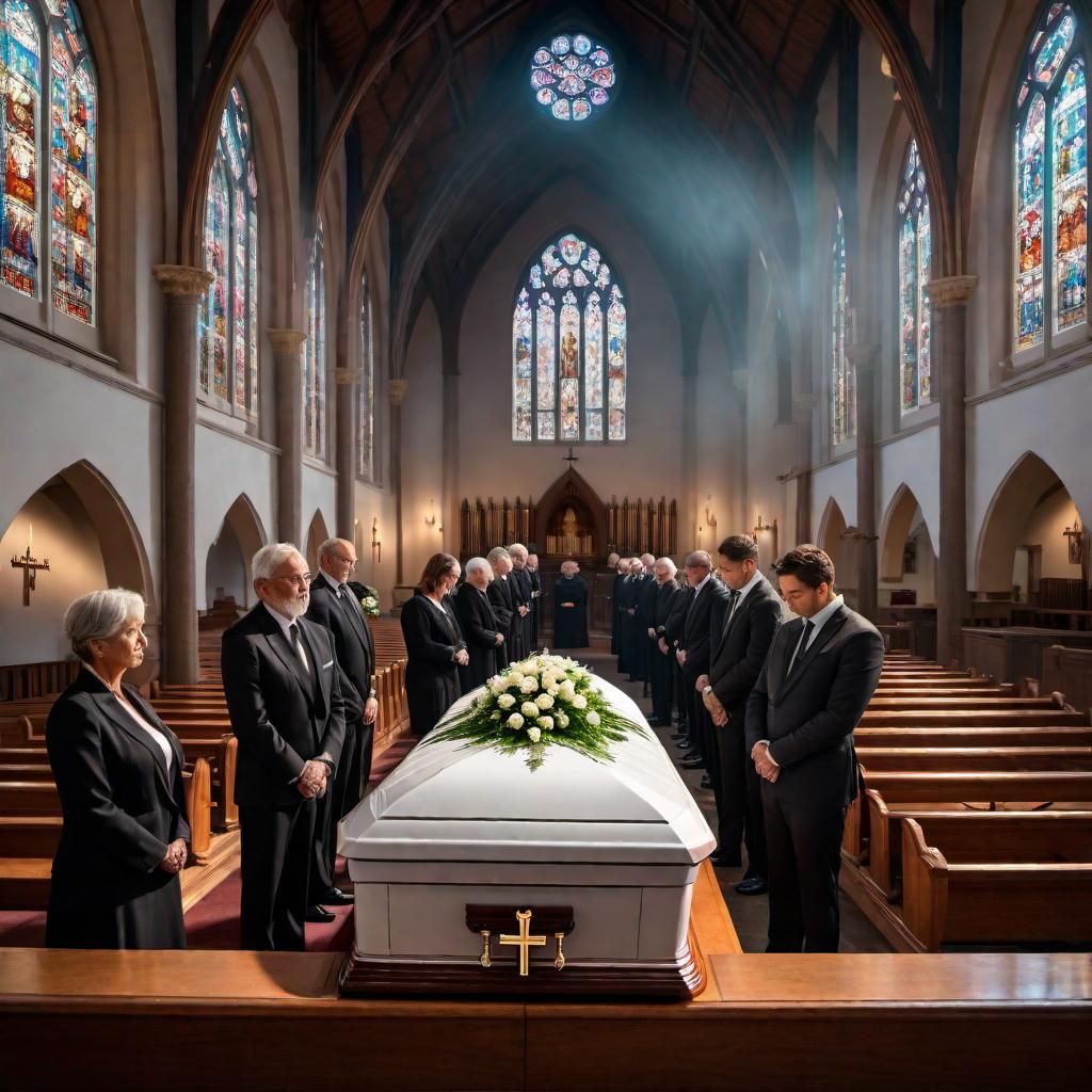  A somber funeral scene with a family gathered around a casket in a solemn church. The family looks mournful and there is a GoFundMe sign discreetly placed near the entrance of the church, indicating the need for financial help. The setting should be heartfelt and respectful, capturing the genuine emotions of grief and support. hyperrealistic, full body, detailed clothing, highly detailed, cinematic lighting, stunningly beautiful, intricate, sharp focus, f/1. 8, 85mm, (centered image composition), (professionally color graded), ((bright soft diffused light)), volumetric fog, trending on instagram, trending on tumblr, HDR 4K, 8K