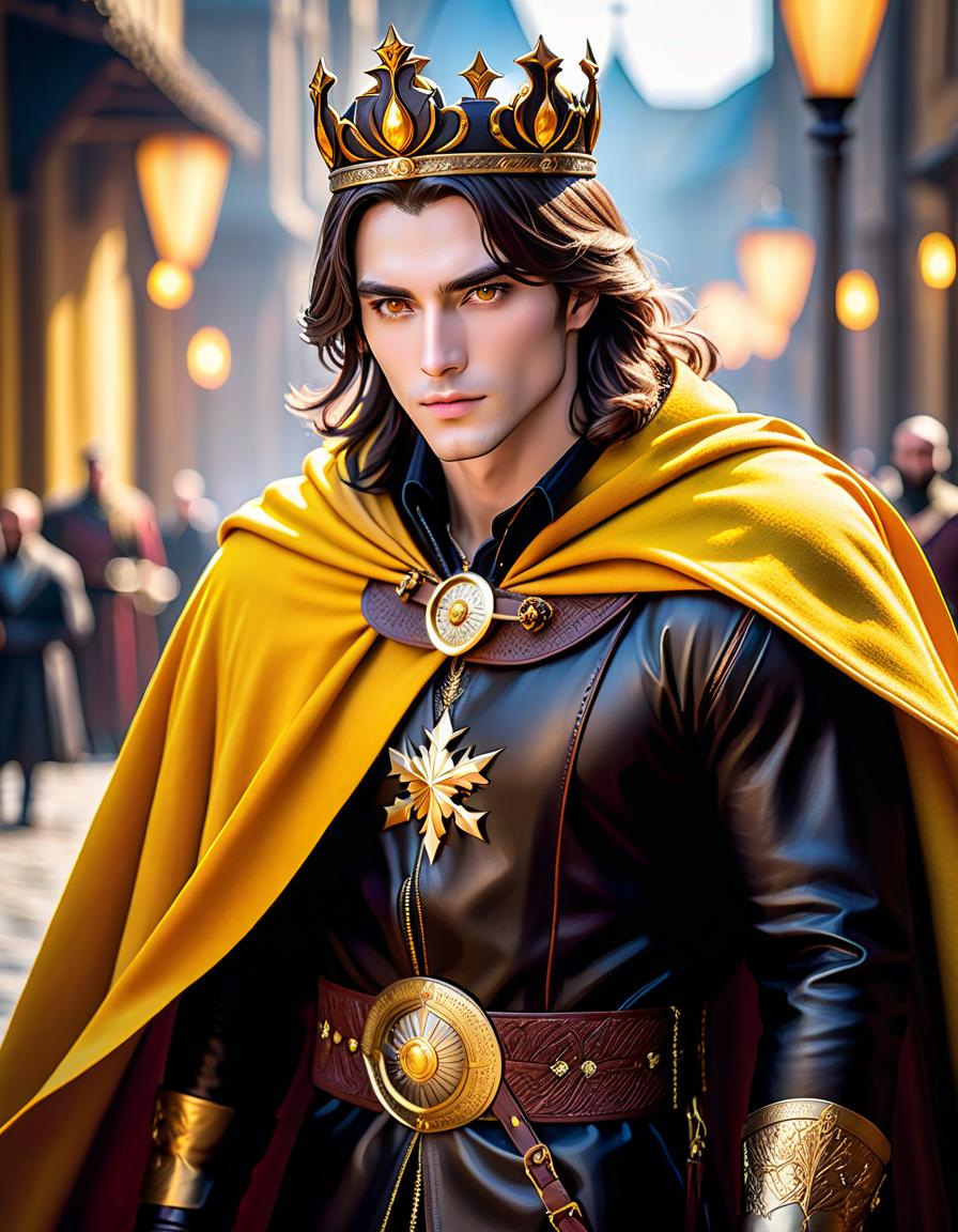  cinematic photo A tall man, with long brown hair and dark brown eyes. He wears a yellow cloak with a belt at the waist. A leather chest plate. His pants are black. A golden crown on his head. . 35mm photograph, film, bokeh, professional, 4k, highly detailed hyperrealistic, full body, detailed clothing, highly detailed, cinematic lighting, stunningly beautiful, intricate, sharp focus, f/1. 8, 85mm, (centered image composition), (professionally color graded), ((bright soft diffused light)), volumetric fog, trending on instagram, trending on tumblr, HDR 4K, 8K