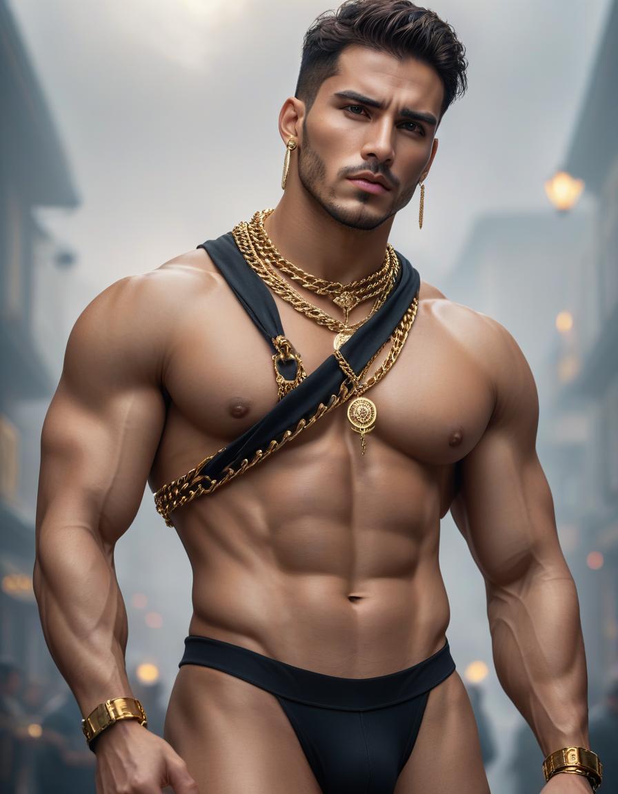  A young man, brunet, with golden chains around his neck. hyperrealistic, full body, detailed clothing, highly detailed, cinematic lighting, stunningly beautiful, intricate, sharp focus, f/1. 8, 85mm, (centered image composition), (professionally color graded), ((bright soft diffused light)), volumetric fog, trending on instagram, trending on tumblr, HDR 4K, 8K