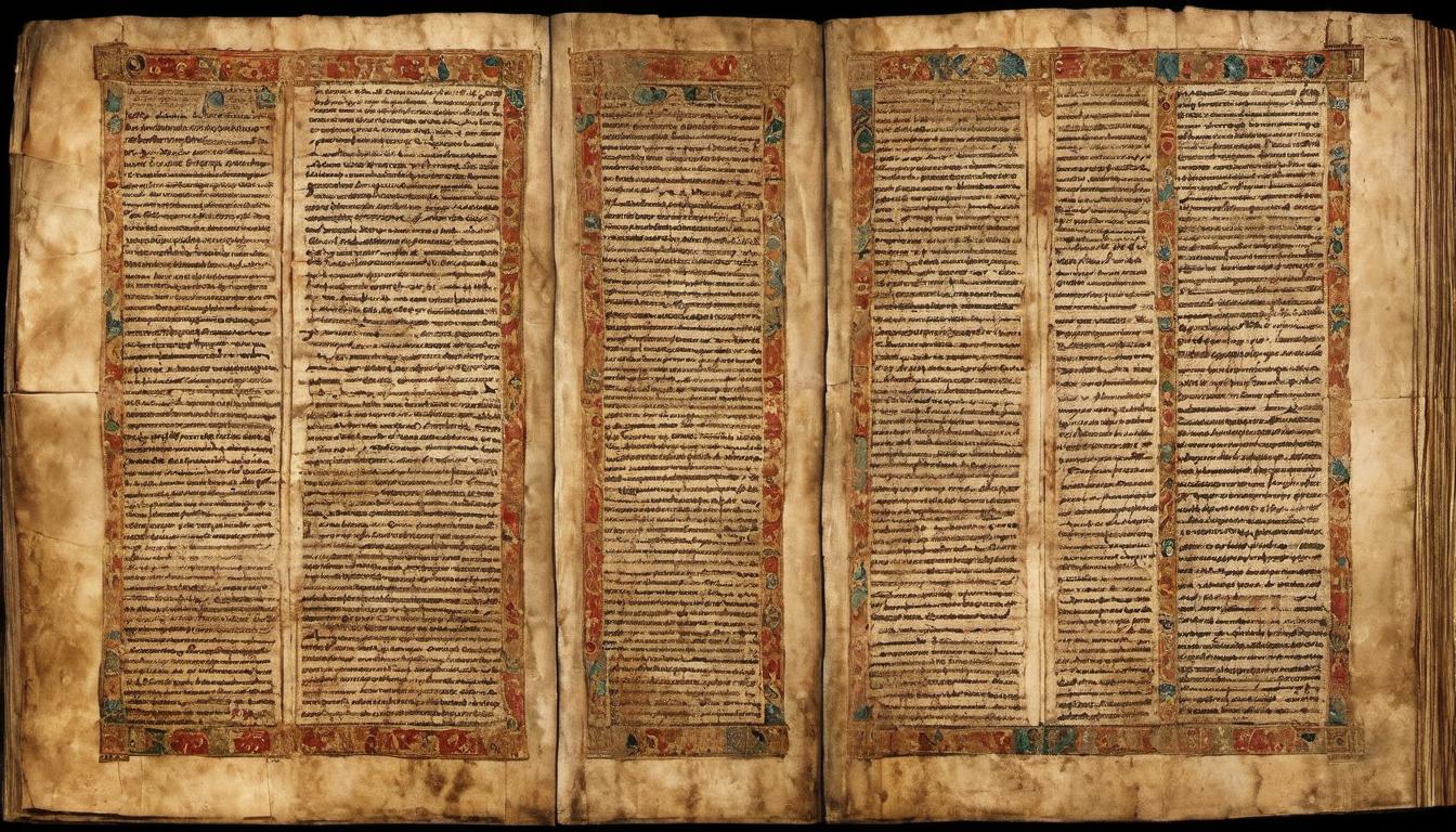  digital painting of A weathered manuscript, parchment infused with age, inscriptions chronicling Nimrod's life and exploits, elaborate margins, faded ink depicting scenes of ambition, reverent tones, historical narrative, grandeur, antiquity looking at viewer, dynamic pose, (intricate details, masterpiece, best quality)