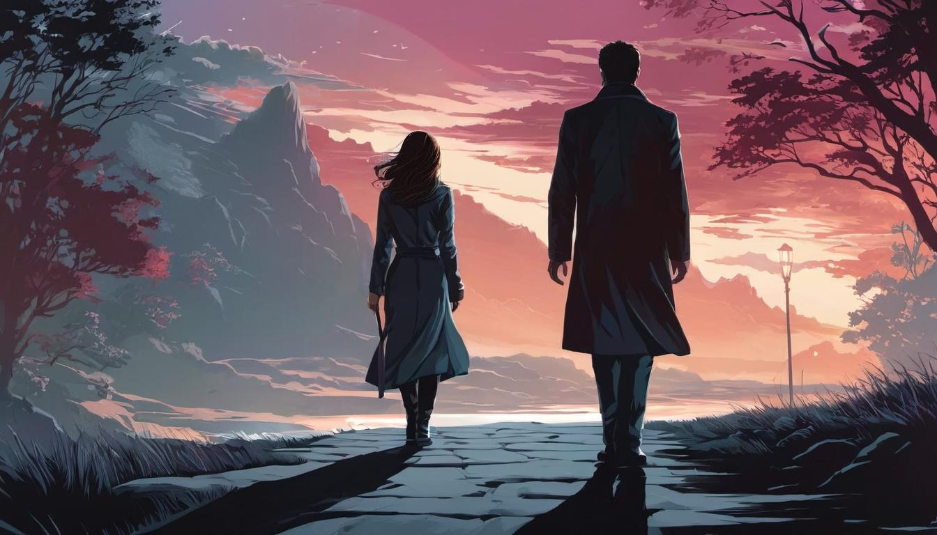  digital illustration, 1woman, walking away from a shadowed figure, background is a path leading towards a bright, hopeful horizon, she looks determined and calm, looking at viewer, dynamic pose, (intricate details, masterpiece, best quality)