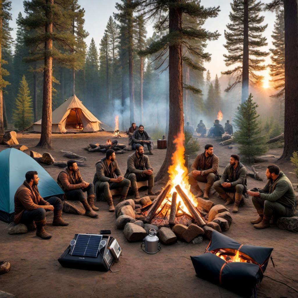  A campfire scene in a natural setting, surrounded by trees, integrating the provided photo. Around the campfire, there is high-tech equipment such as laptops, tablets, and drones. LED lights and solar panels are part of the camp setup. People are sitting around the fire, engaging with the technology and each other in a warm, social atmosphere. Incorporate elements from the attached photo into the camp setup. hyperrealistic, full body, detailed clothing, highly detailed, cinematic lighting, stunningly beautiful, intricate, sharp focus, f/1. 8, 85mm, (centered image composition), (professionally color graded), ((bright soft diffused light)), volumetric fog, trending on instagram, trending on tumblr, HDR 4K, 8K