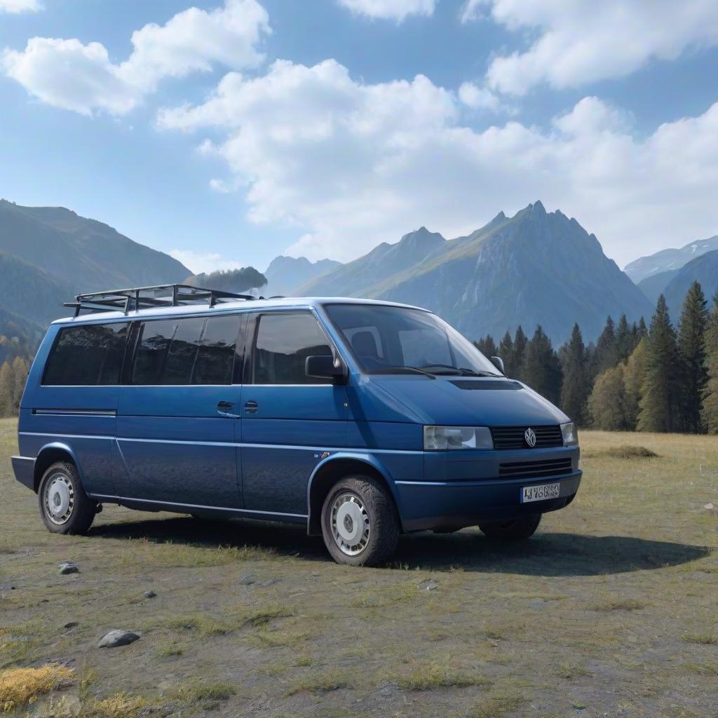  minimalist style blue volkswaven transporter t4 with mountain pictures on its body standing on the valley and mountains background . simple, clean, uncluttered, modern, elegant hyperrealistic, full body, detailed clothing, highly detailed, cinematic lighting, stunningly beautiful, intricate, sharp focus, f/1. 8, 85mm, (centered image composition), (professionally color graded), ((bright soft diffused light)), volumetric fog, trending on instagram, trending on tumblr, HDR 4K, 8K