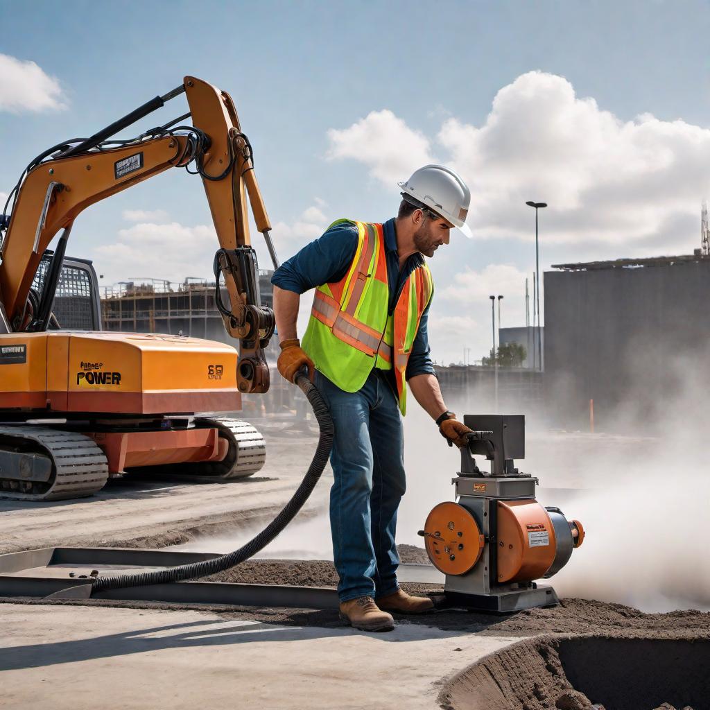  A person (guy) operating a Power Curber curb machine, actively engaged in pouring concrete. The scene captures the action of concrete being laid down, with the machine in use and the operator handling the machinery. The background should resemble a construction site with relevant elements like barriers, safety signs, and perhaps other construction workers in the distance. hyperrealistic, full body, detailed clothing, highly detailed, cinematic lighting, stunningly beautiful, intricate, sharp focus, f/1. 8, 85mm, (centered image composition), (professionally color graded), ((bright soft diffused light)), volumetric fog, trending on instagram, trending on tumblr, HDR 4K, 8K