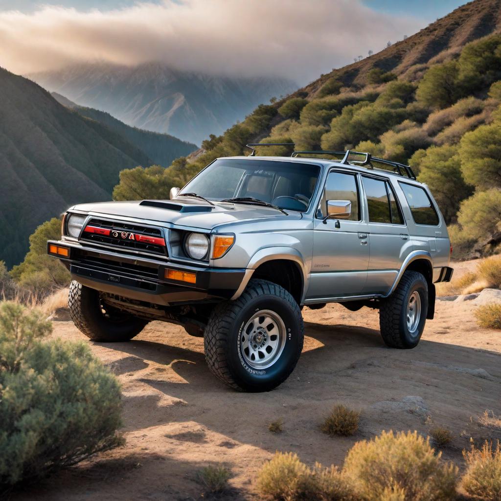  1985 Toyota 4Runner in silver color, parked in a scenic location with a mountainous background, under a clear blue sky hyperrealistic, full body, detailed clothing, highly detailed, cinematic lighting, stunningly beautiful, intricate, sharp focus, f/1. 8, 85mm, (centered image composition), (professionally color graded), ((bright soft diffused light)), volumetric fog, trending on instagram, trending on tumblr, HDR 4K, 8K