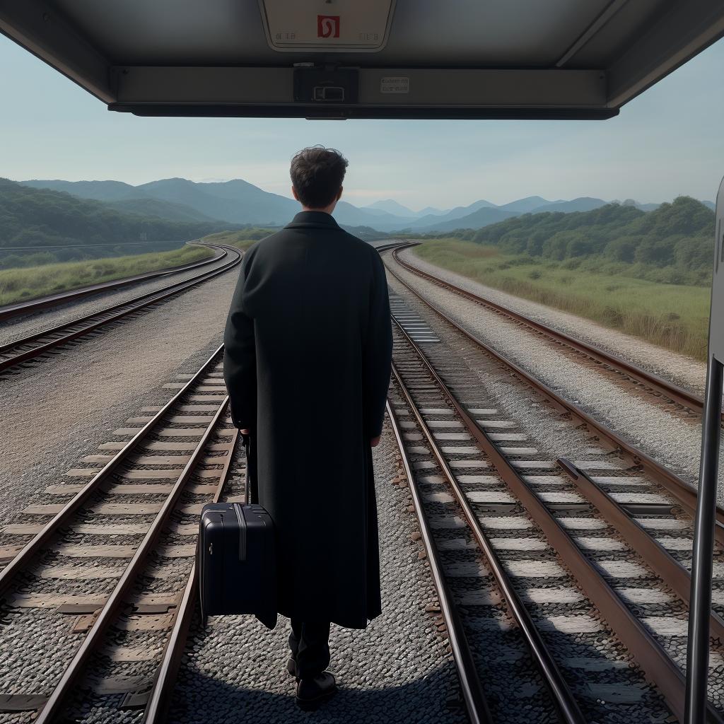  masterpiece, best quality, **Title: "Travelling Stranger"** Background Image: - A photograph capturing the back view of a man standing on a train platform or a quiet, scenic road. - The man is holding a suitcase, gazing towards the horizon or train tracks. - The setting reflects natural lighting, suggesting early morning or late afternoon. Foreground Text: - "Journey into the Unknown: The Story of a Travelling Stranger" Additional Elements: - Authentic details such as distant landscapes or subtle travel-related elements like a train in the background or a distant road sign. - The photograph is focused on realism, with no sketches or artificial enhancements, aiming to evoke a genuine sense of adventure and exploration. This