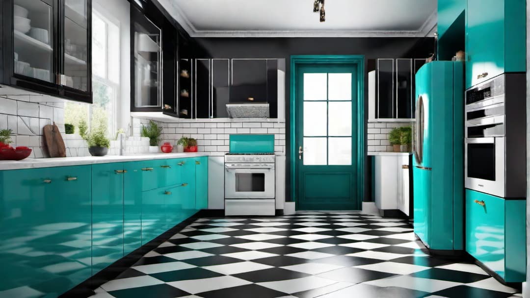  Create an image of an 80s retro kitchen with bold colors and funky patterns. The walls should be covered in colorful geometric wallpaper, exuding an energetic vibe. Include kitchen cabinets in a striking teal color and countertops in a glossy bright red finish. Add retro appliances like a bright yellow refrigerator and a teal microwave. The flooring should be a checkerboard pattern in black and white to enhance the nostalgic and fun retro design. hyperrealistic, full body, detailed clothing, highly detailed, cinematic lighting, stunningly beautiful, intricate, sharp focus, f/1. 8, 85mm, (centered image composition), (professionally color graded), ((bright soft diffused light)), volumetric fog, trending on instagram, trending on tumblr, HDR 4K, 8K