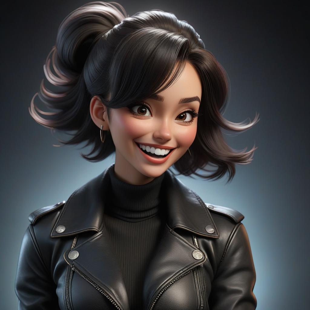  A girl with dark hair, a squared hairstyle, wearing a black turtleneck and denim shorts in a black leather jacket, is laughing, the lighting is fluorescent. hyperrealistic, full body, detailed clothing, highly detailed, cinematic lighting, stunningly beautiful, intricate, sharp focus, f/1. 8, 85mm, (centered image composition), (professionally color graded), ((bright soft diffused light)), volumetric fog, trending on instagram, trending on tumblr, HDR 4K, 8K