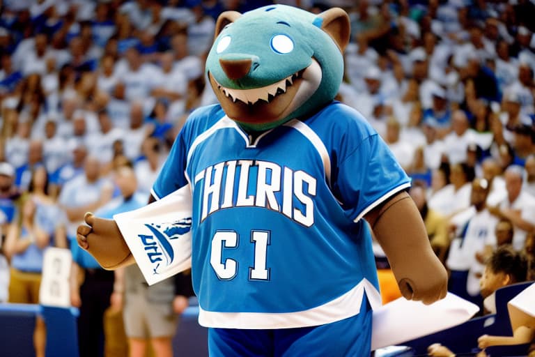  a shark mascot wearing a white and blue Waves basketball jersey in the court holding a sign