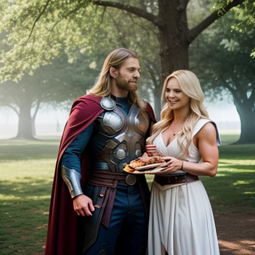  Mighty Thor and Valkyrie (Marvel Comics superheroes) finding time for the simple pleasures of life spend the summer enjoying a well deserved vacation having a barbecue picnic in a picturesque park, the environment emphasizes his unique heroic superpowers and character, bright colors, warm sunshine, carefree mood, fun with humor graphic style. hyperrealistic, full body, detailed clothing, highly detailed, cinematic lighting, stunningly beautiful, intricate, sharp focus, f/1. 8, 85mm, (centered image composition), (professionally color graded), ((bright soft diffused light)), volumetric fog, trending on instagram, trending on tumblr, HDR 4K, 8K