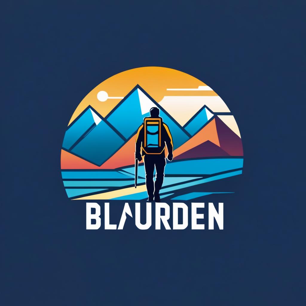  Logo, (geometric style), Wanderer auf dem Weg in die Berge bei blauen Sonnenaufgang Richtung „Norden“