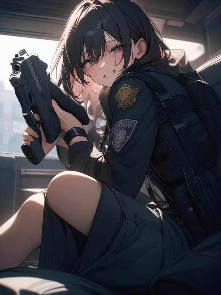  Pistols, crying, police, polyps, holding guns, crying, smiling, emo, emo, shooting with pistols, police officers, masterpiece, best quality,8k,ultra detailed,high resolution,an extremely delicate and beautiful,hyper detail