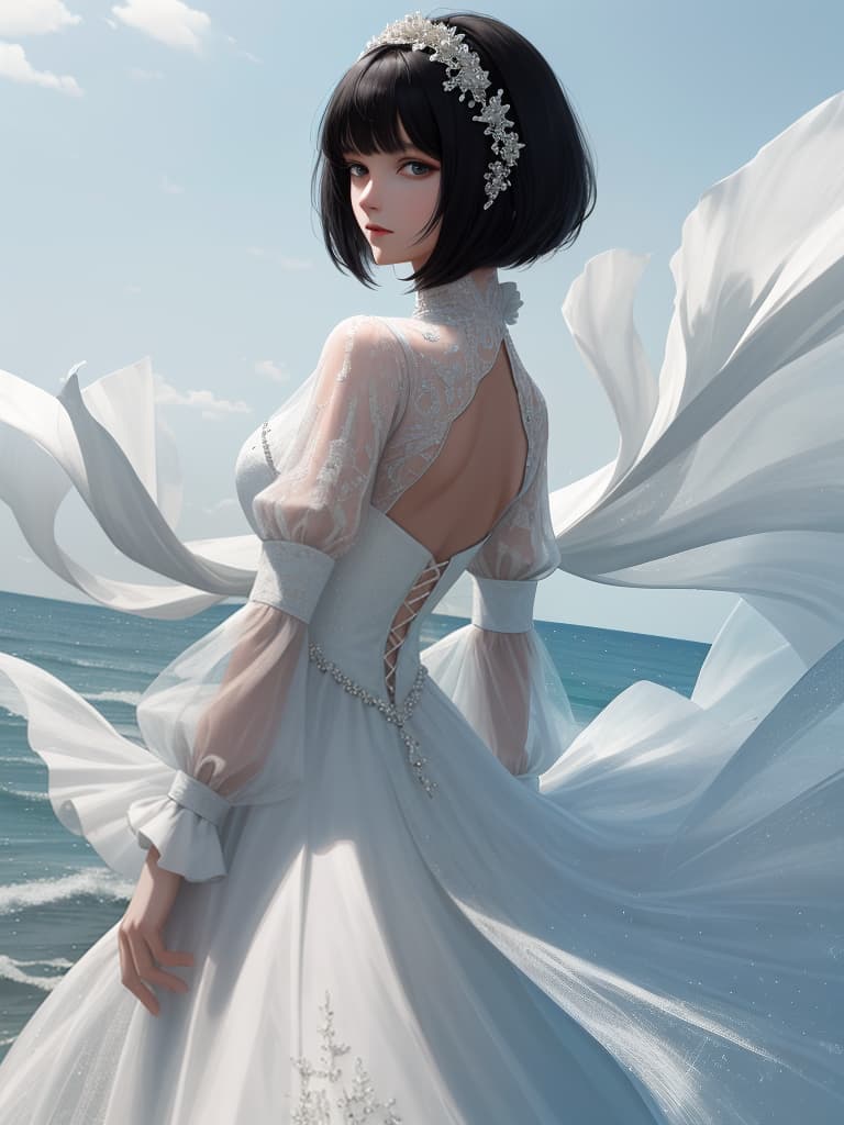  Back, black hair bob, white dress, seaside, masterpiece, best quality,8k,ultra detailed,high resolution,an extremely delicate and beautiful,hyper detail