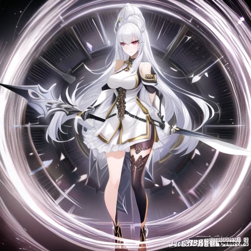  a girl manhua character with black and white hair with amber eyes with white skin wearing knite dress and carrying a sword hyperrealistic, full body, detailed clothing, highly detailed, cinematic lighting, stunningly beautiful, intricate, sharp focus, f/1. 8, 85mm, (centered image composition), (professionally color graded), ((bright soft diffused light)), volumetric fog, trending on instagram, trending on tumblr, HDR 4K, 8K