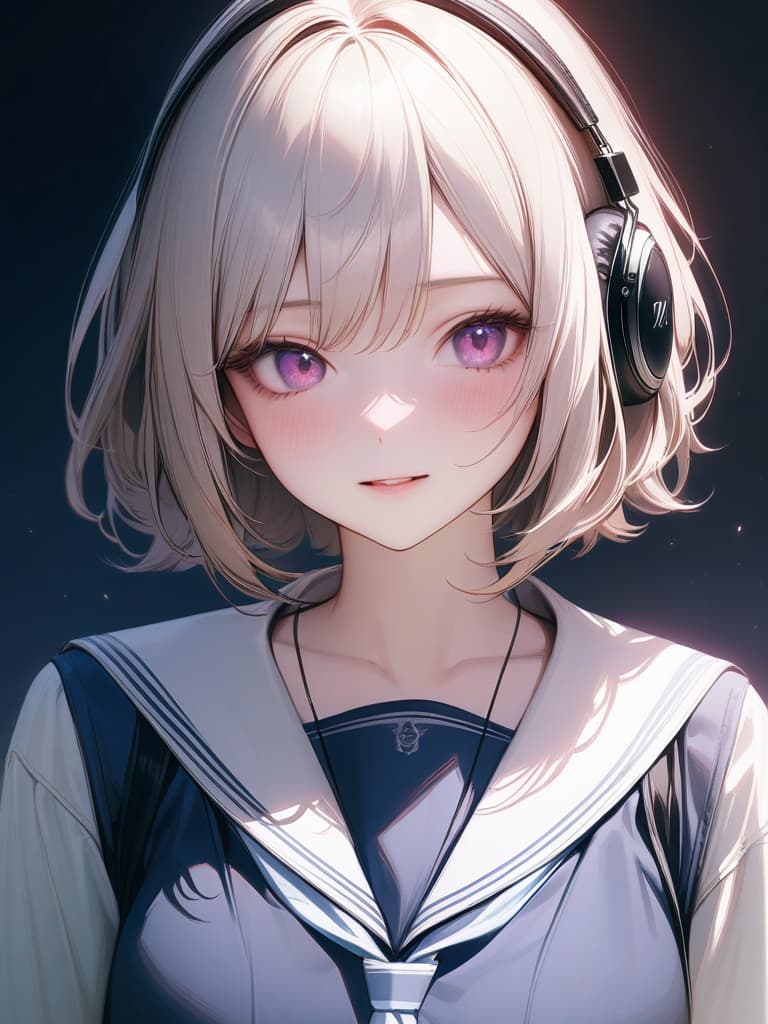  1girl,18yo,green hair,short hair,purple eyes,headphone,summer black sailor suit,very loud laugh,realistic, masterpiece, best quality,8k,ultra detailed,high resolution,an extremely delicate and beautiful,hyper detail