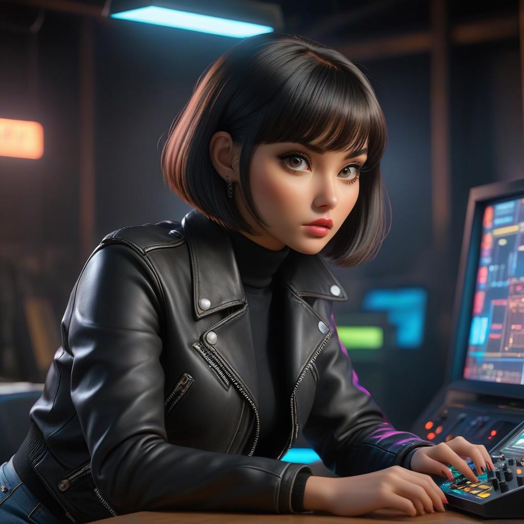  A girl with dark hair, a bob cut, wearing a black turtleneck and denim shorts in a black leather jacket, is playing a console with a direct view and fluorescent lighting. hyperrealistic, full body, detailed clothing, highly detailed, cinematic lighting, stunningly beautiful, intricate, sharp focus, f/1. 8, 85mm, (centered image composition), (professionally color graded), ((bright soft diffused light)), volumetric fog, trending on instagram, trending on tumblr, HDR 4K, 8K